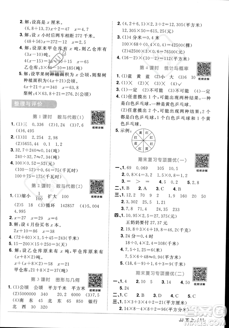 江西教育出版社2023年秋季陽光同學課時優(yōu)化作業(yè)五年級上冊數學冀教版答案