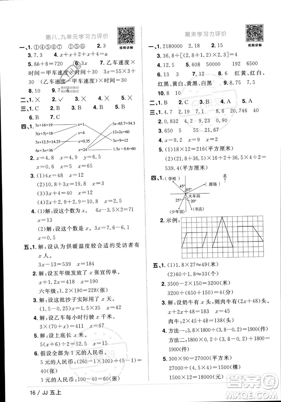 江西教育出版社2023年秋季陽光同學課時優(yōu)化作業(yè)五年級上冊數學冀教版答案