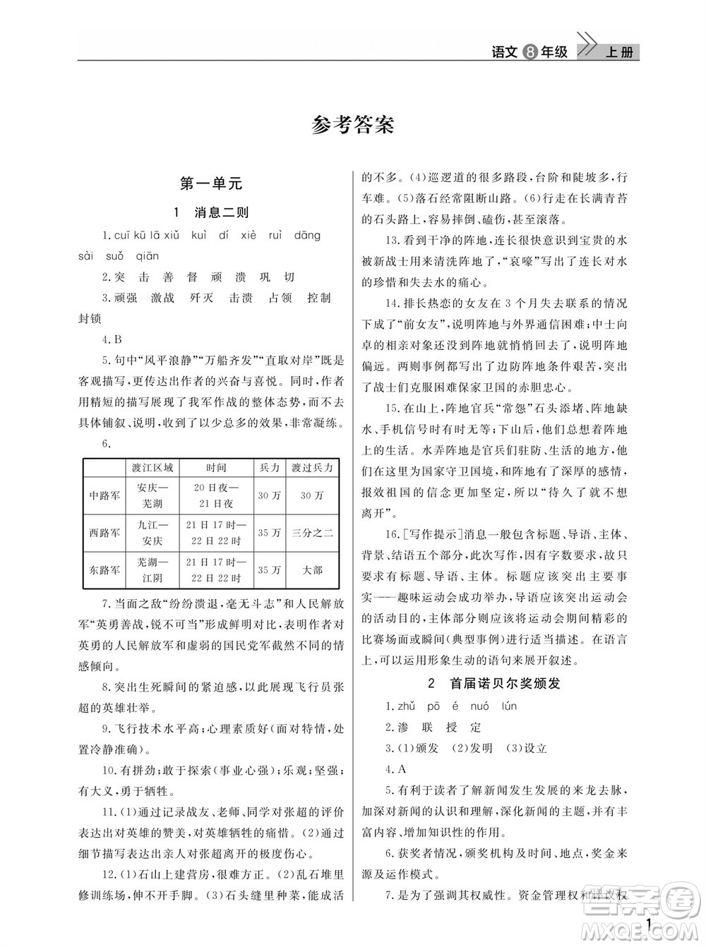 武漢出版社2023年秋智慧學(xué)習(xí)天天向上課堂作業(yè)八年級語文上冊人教版參考答案