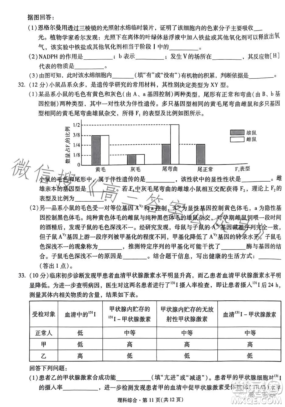 昆明市第一中學(xué)2024屆高中新課標(biāo)高三第一次摸底測(cè)試?yán)砜凭C合答案