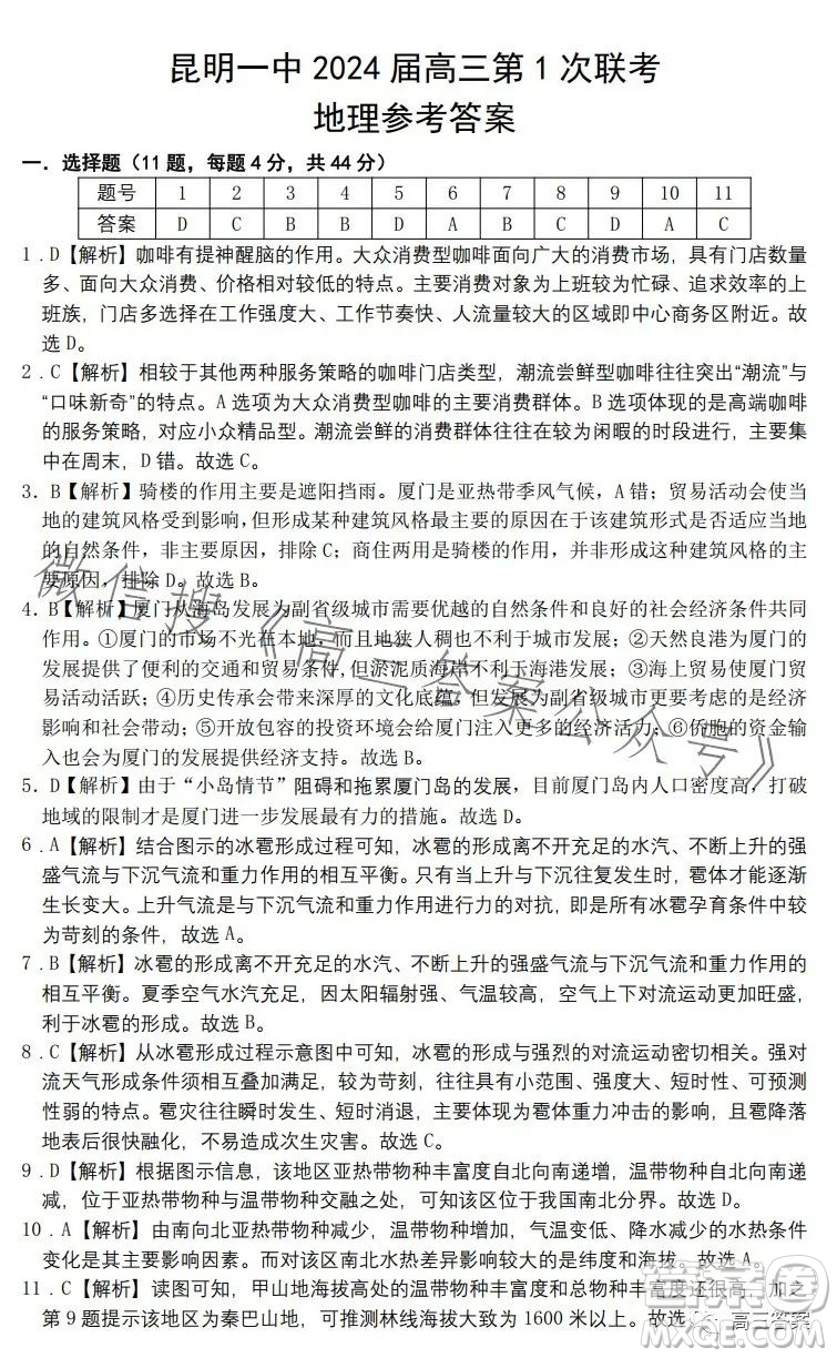 昆明市第一中學(xué)2024屆高中新課標(biāo)高三第一次摸底測試文科綜合答案