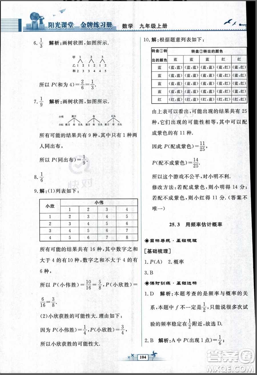 人民教育出版社2023年秋陽光課堂金牌練習冊九年級上冊數(shù)學人教版福建專版答案