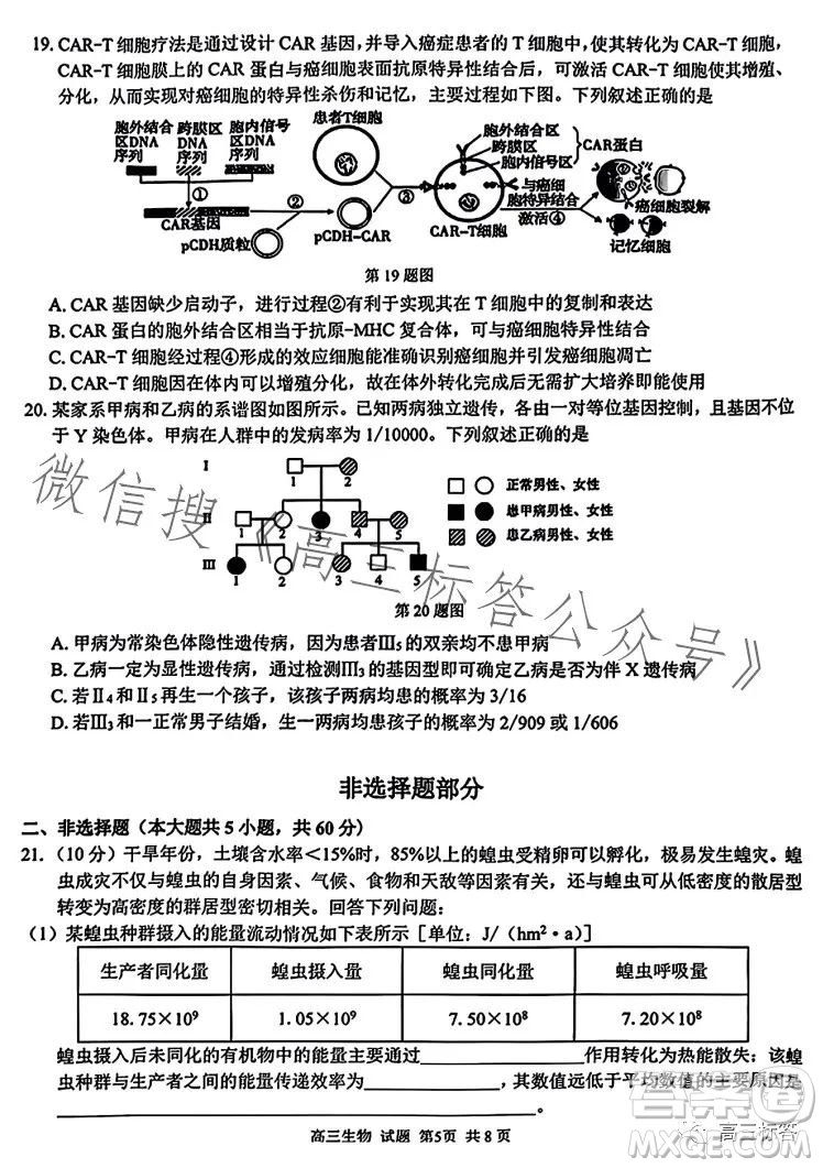 2023學(xué)年第一學(xué)期浙江省七彩陽光新高考研究聯(lián)盟返校聯(lián)考高三生物試題答案