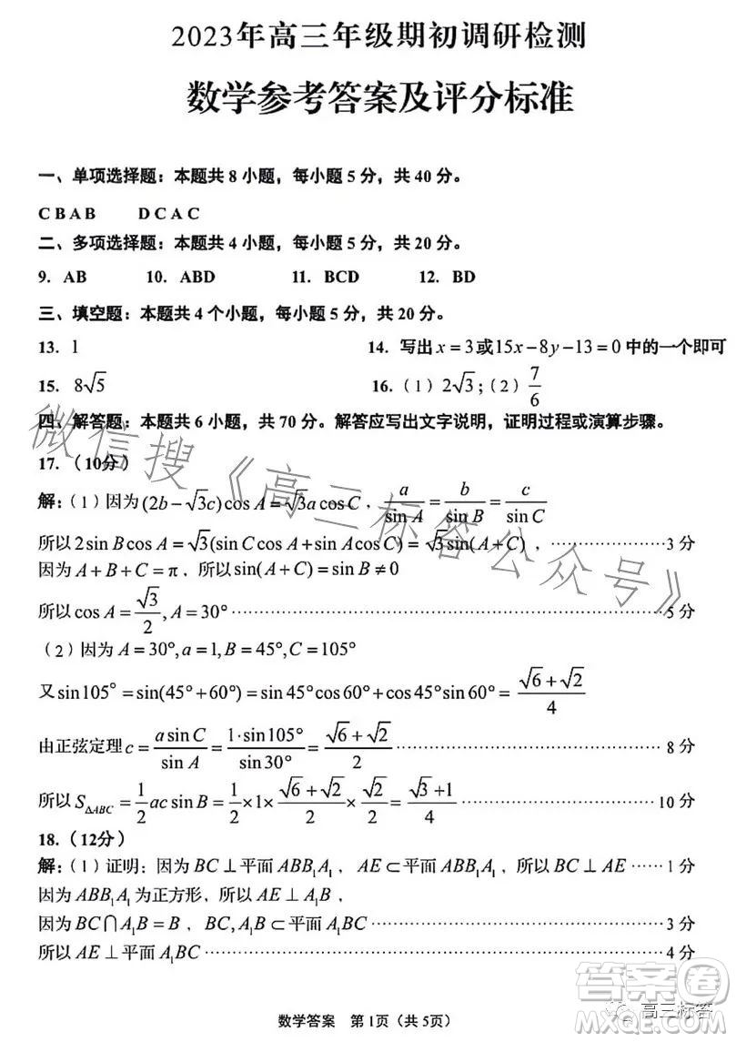 青島2023年高三年級(jí)期初調(diào)研檢測(cè)數(shù)學(xué)試題答案