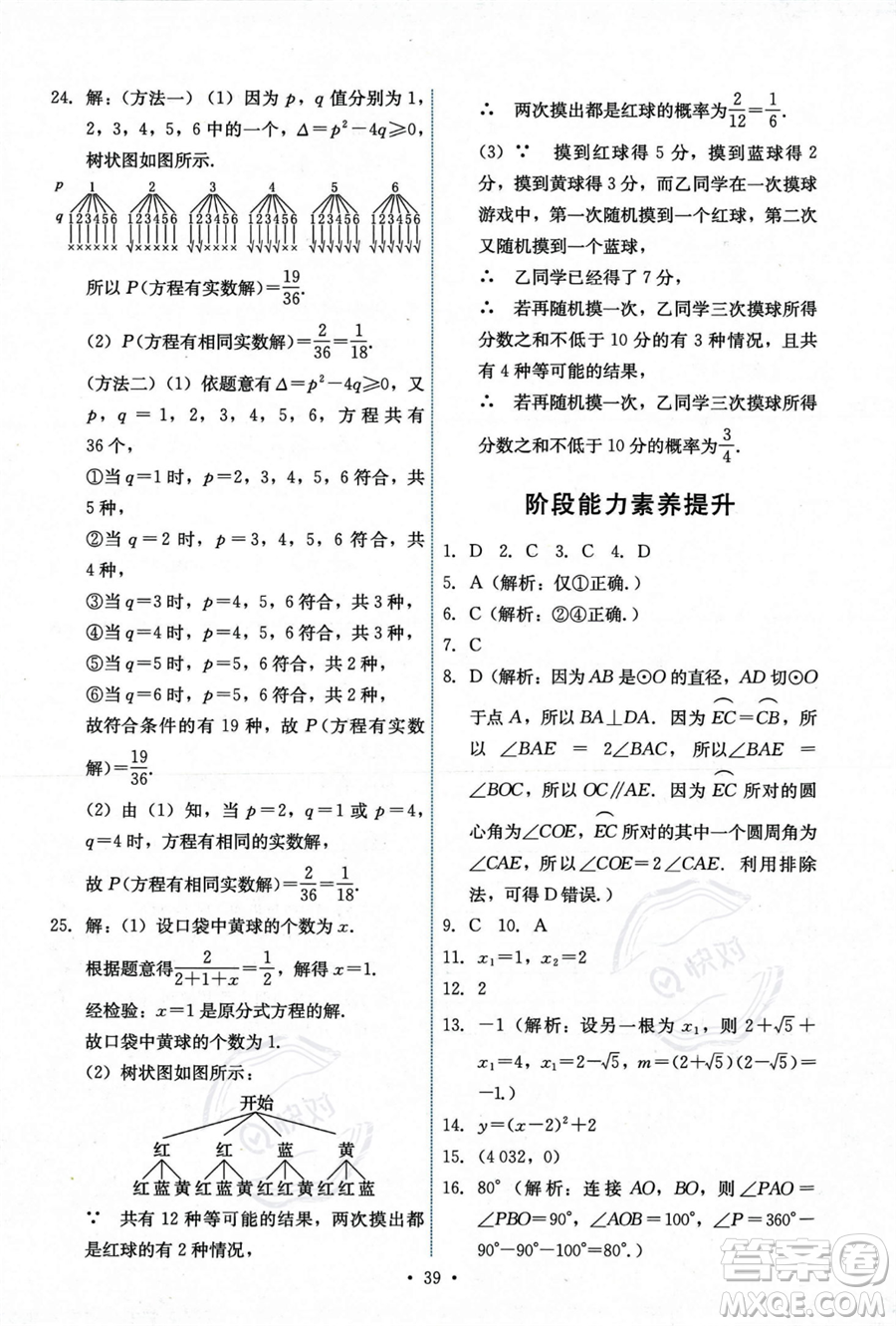 人民教育出版社2023年秋能力培養(yǎng)與測(cè)試九年級(jí)上冊(cè)數(shù)學(xué)人教版答案