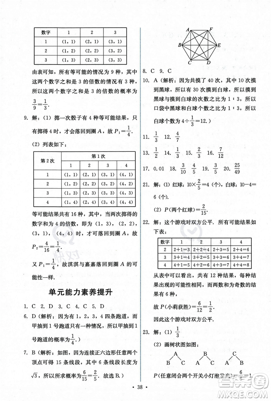 人民教育出版社2023年秋能力培養(yǎng)與測(cè)試九年級(jí)上冊(cè)數(shù)學(xué)人教版答案