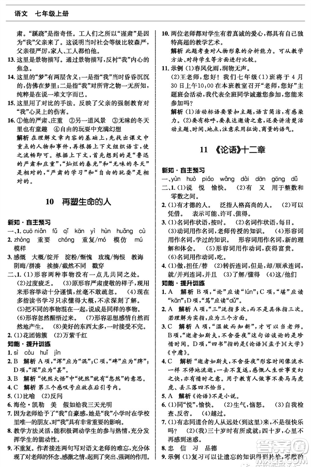 甘肅少年兒童出版社2023年秋配套綜合練習七年級語文上冊人教版參考答案