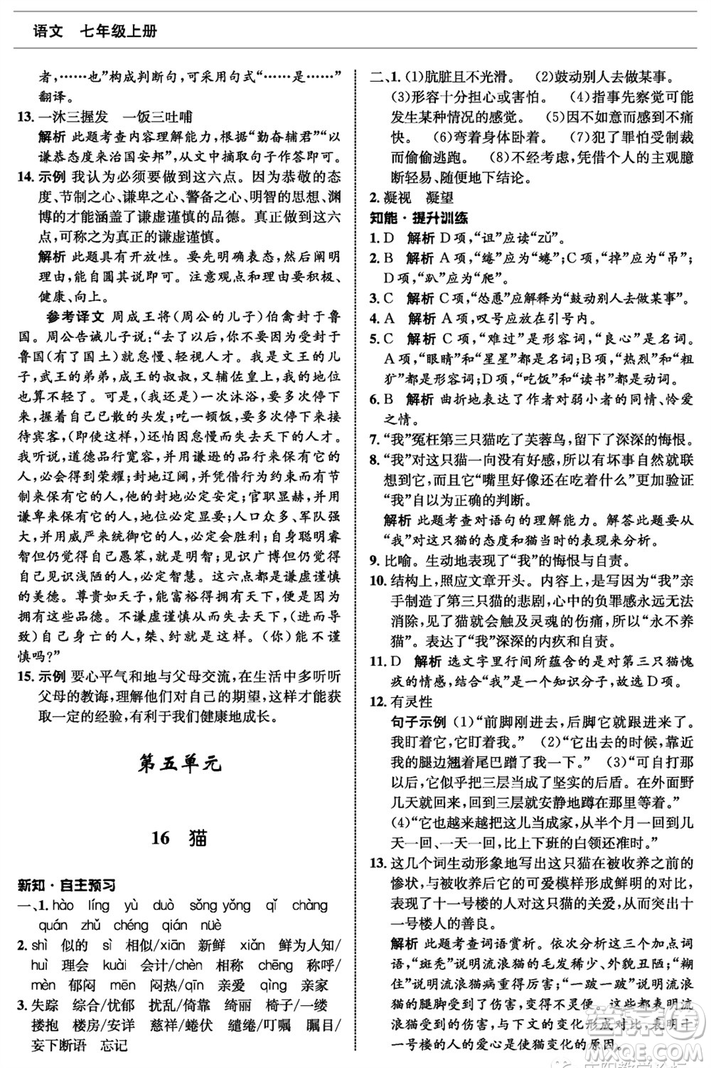 甘肅少年兒童出版社2023年秋配套綜合練習七年級語文上冊人教版參考答案