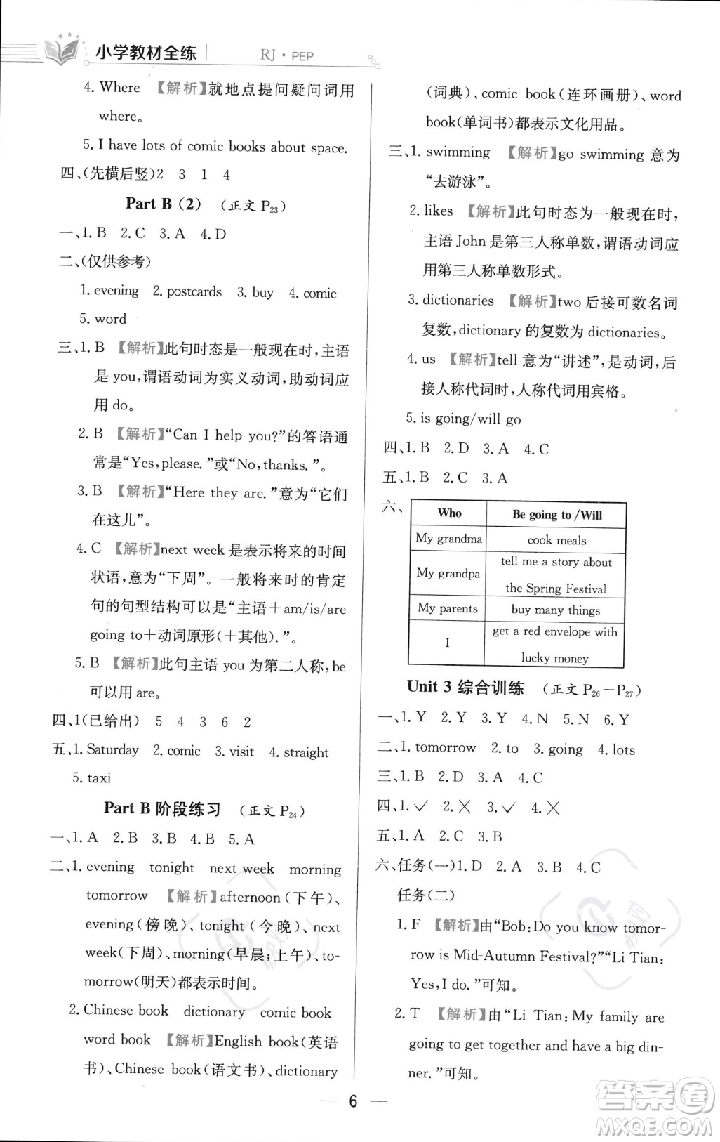 陜西人民教育出版社2023年秋小學(xué)教材全練六年級(jí)上冊(cè)英語(yǔ)人教PEP版答案