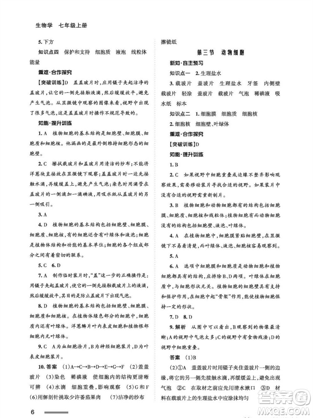 甘肅教育出版社2023年秋配套綜合練習七年級生物上冊人教版參考答案