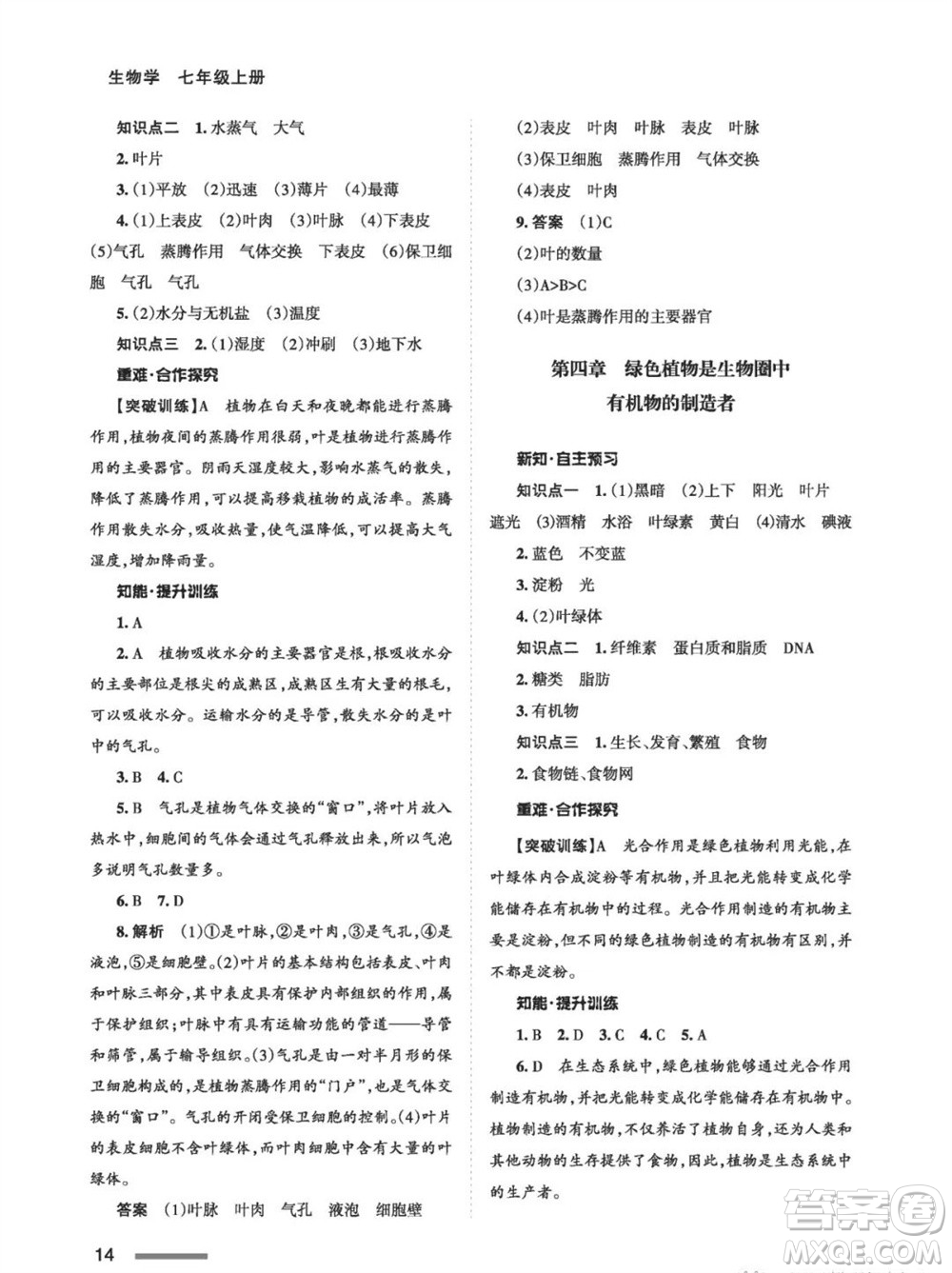 甘肅教育出版社2023年秋配套綜合練習七年級生物上冊人教版參考答案