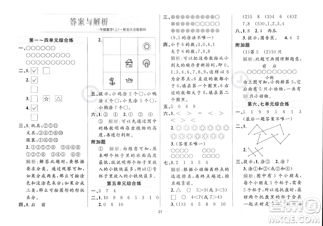 陜西人民教育出版社2023年秋小學(xué)教材全練一年級上冊數(shù)學(xué)江蘇版答案