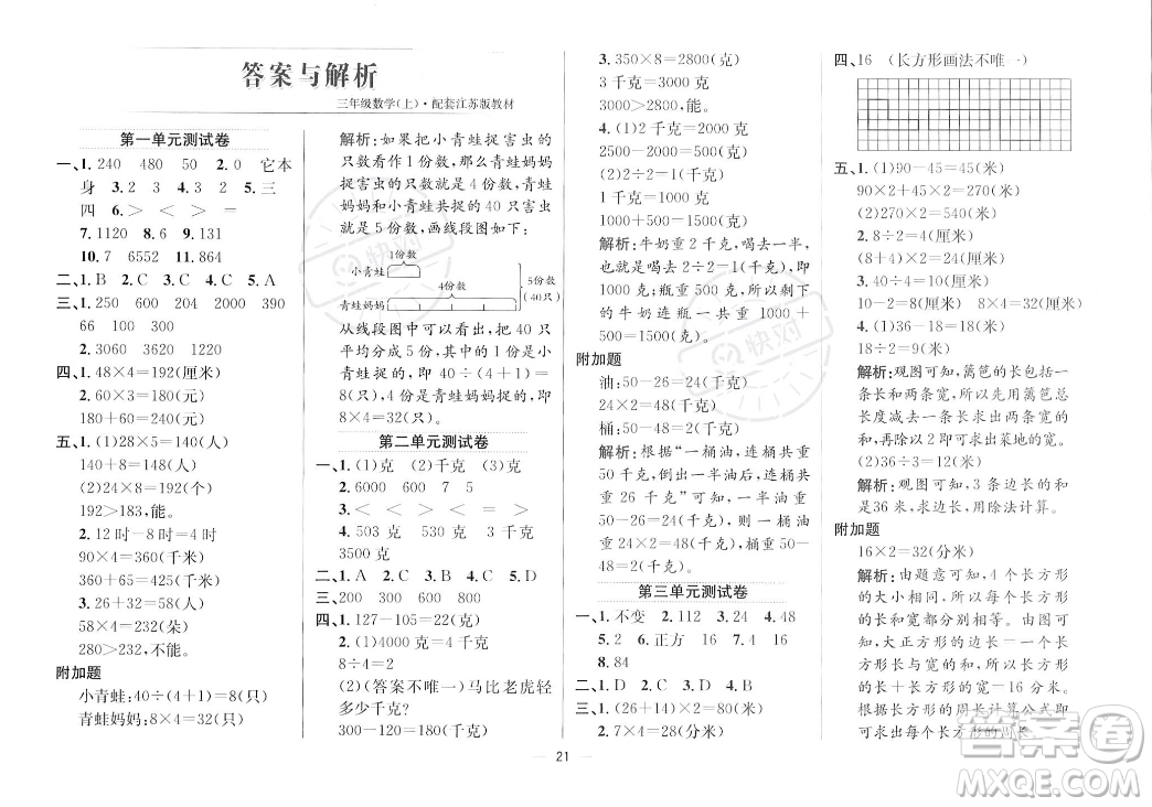 陜西人民教育出版社2023年秋小學(xué)教材全練三年級(jí)上冊(cè)數(shù)學(xué)江蘇版答案