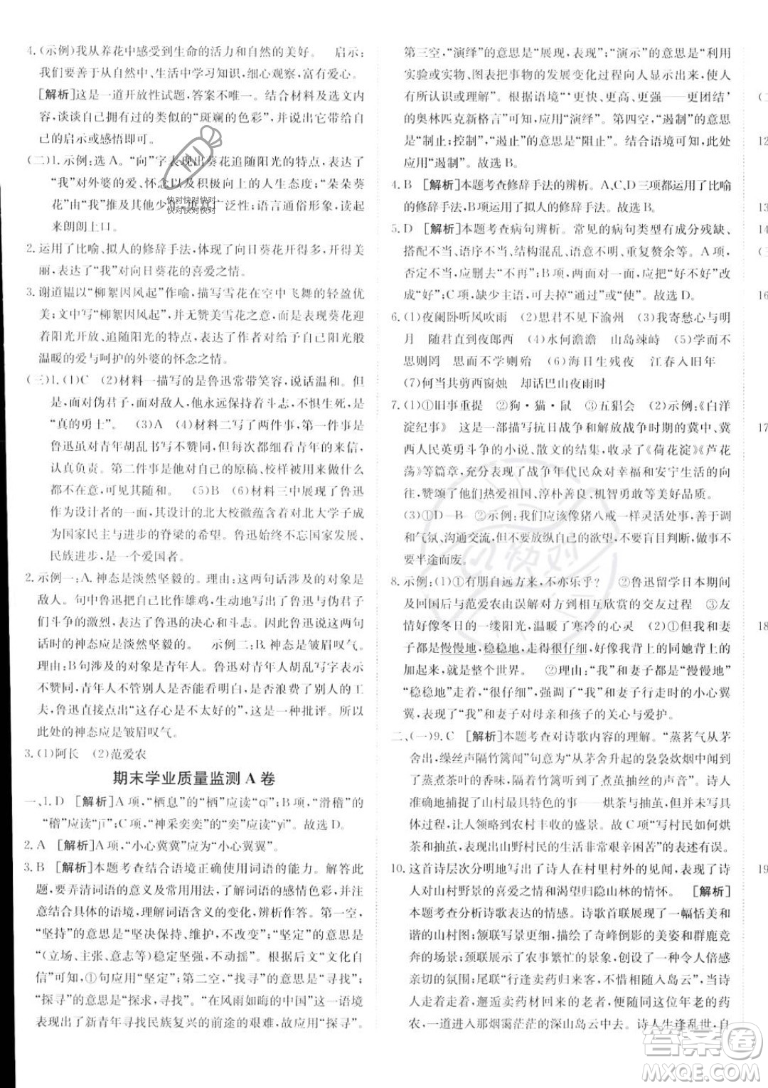 新疆青少年出版社2024年海淀單元測試AB卷七年級上冊語文人教版答案