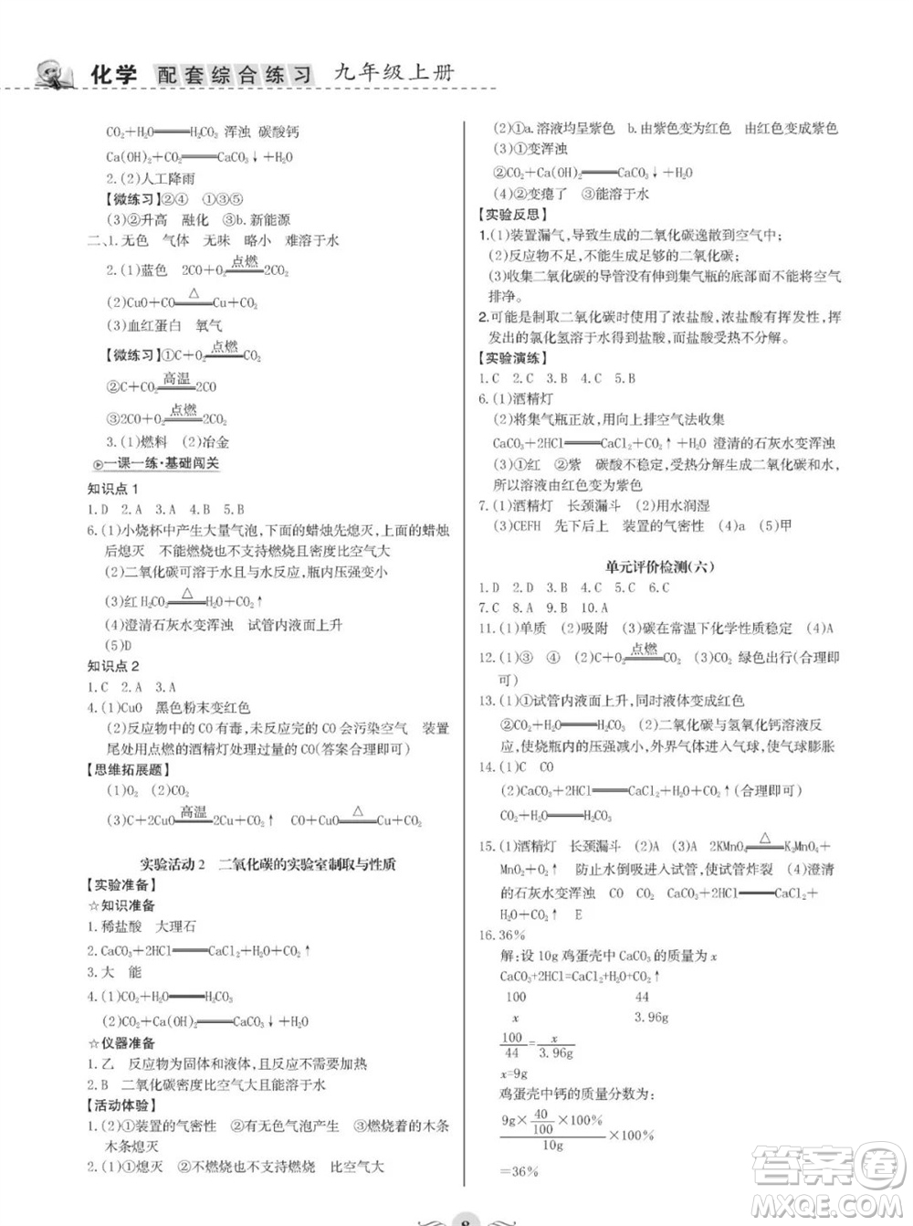 甘肅文化出版社2023年秋配套綜合練習(xí)九年級(jí)化學(xué)上冊(cè)人教版參考答案