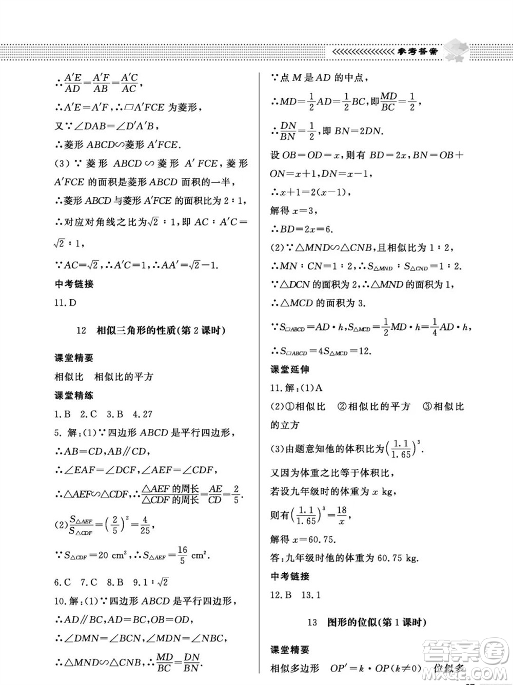 北京師范大學(xué)出版社2023年秋配套綜合練習(xí)九年級數(shù)學(xué)上冊北師大版參考答案