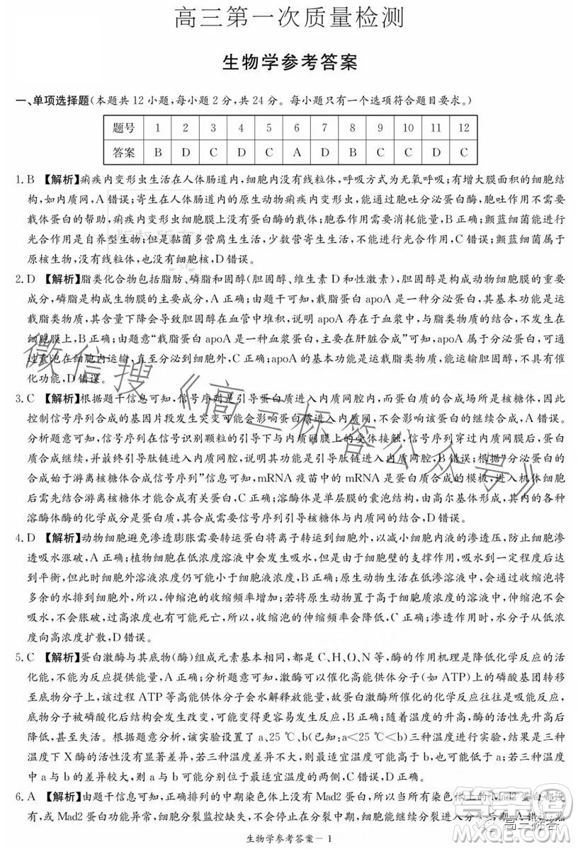 炎德英才大聯(lián)考2024屆高三第一次質(zhì)量檢測生物學(xué)試卷答案