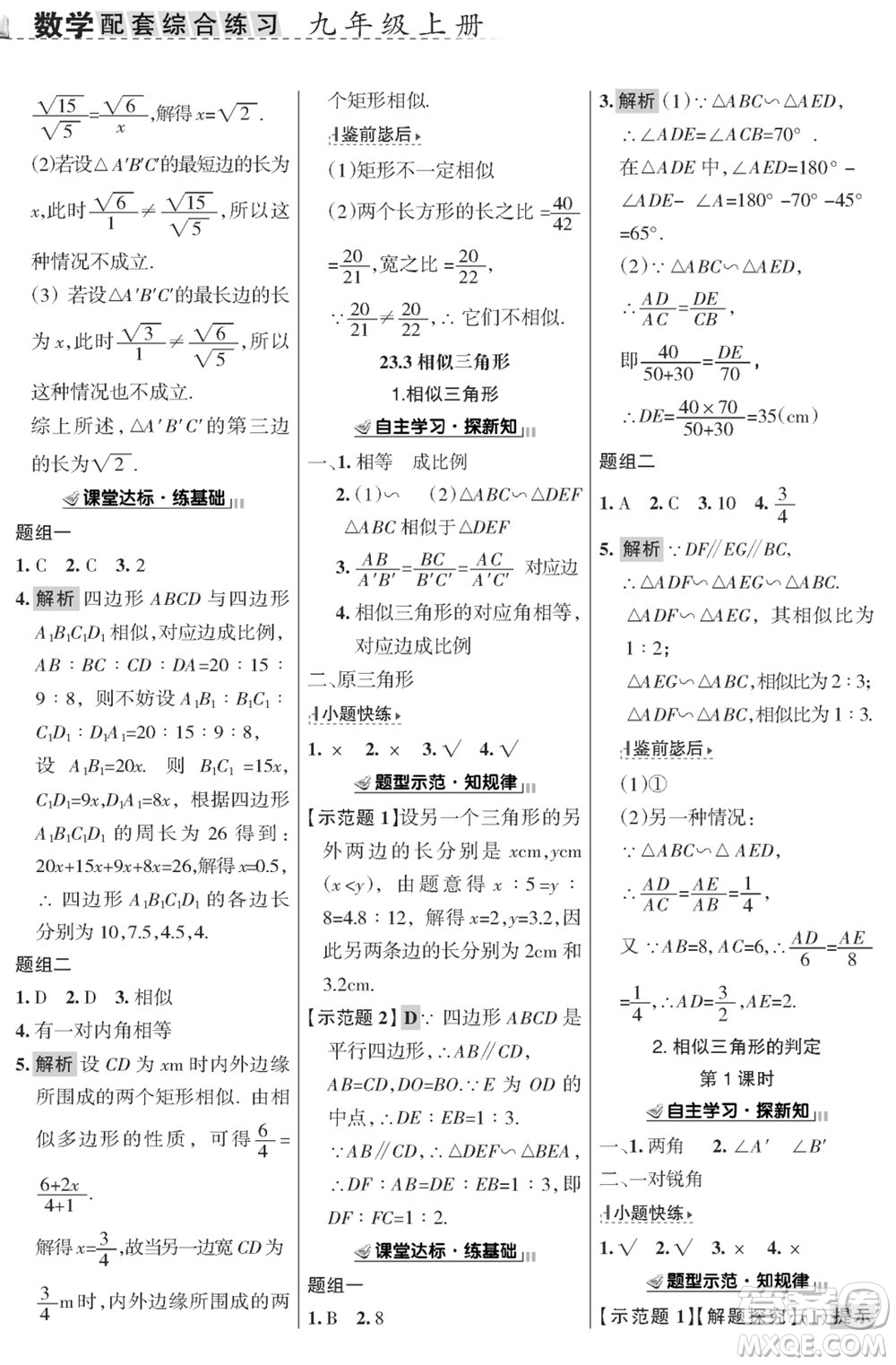 甘肅文化出版社2023年秋配套綜合練習(xí)九年級數(shù)學(xué)上冊華師大版參考答案