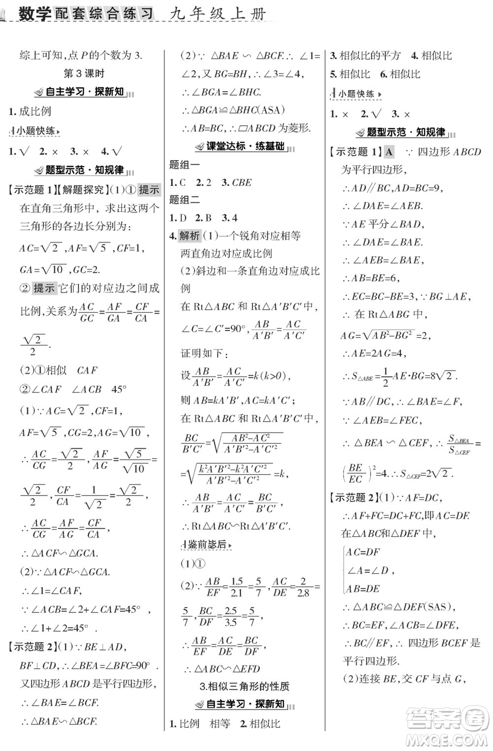 甘肅文化出版社2023年秋配套綜合練習(xí)九年級數(shù)學(xué)上冊華師大版參考答案