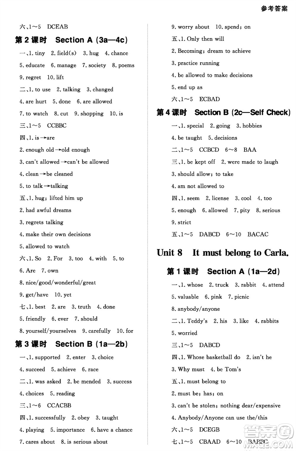 北京師范大學(xué)出版社2023年配套綜合練習(xí)九年級(jí)英語(yǔ)全冊(cè)人教版參考答案