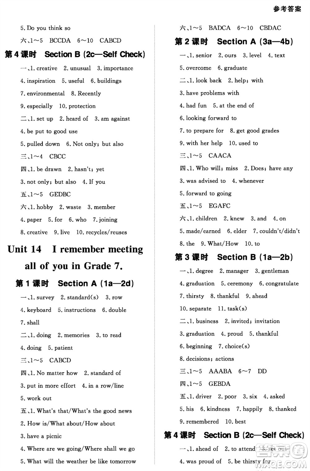 北京師范大學(xué)出版社2023年配套綜合練習(xí)九年級(jí)英語(yǔ)全冊(cè)人教版參考答案