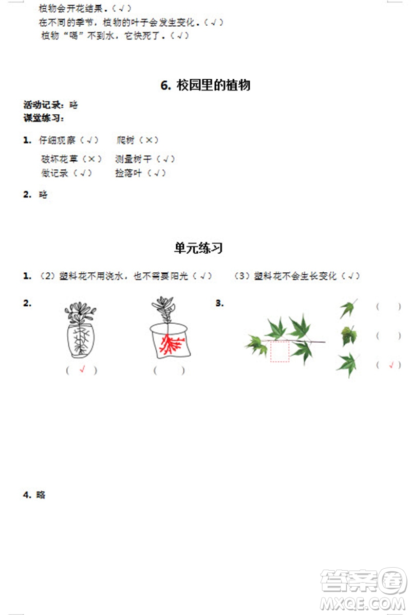 浙江教育出版社2023年秋科學(xué)課堂作業(yè)本一年級(jí)上冊(cè)教科版參考答案