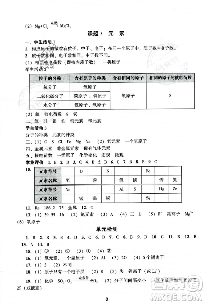 廣州出版社2023年秋陽(yáng)光學(xué)業(yè)評(píng)價(jià)九年級(jí)化學(xué)上冊(cè)人教版答案