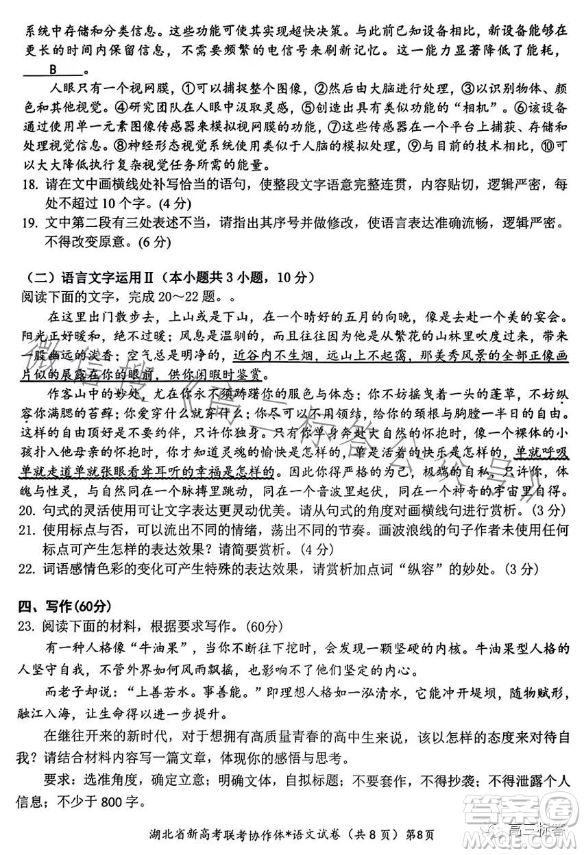 2023年湖北省高三9月起點考試語文試卷答案