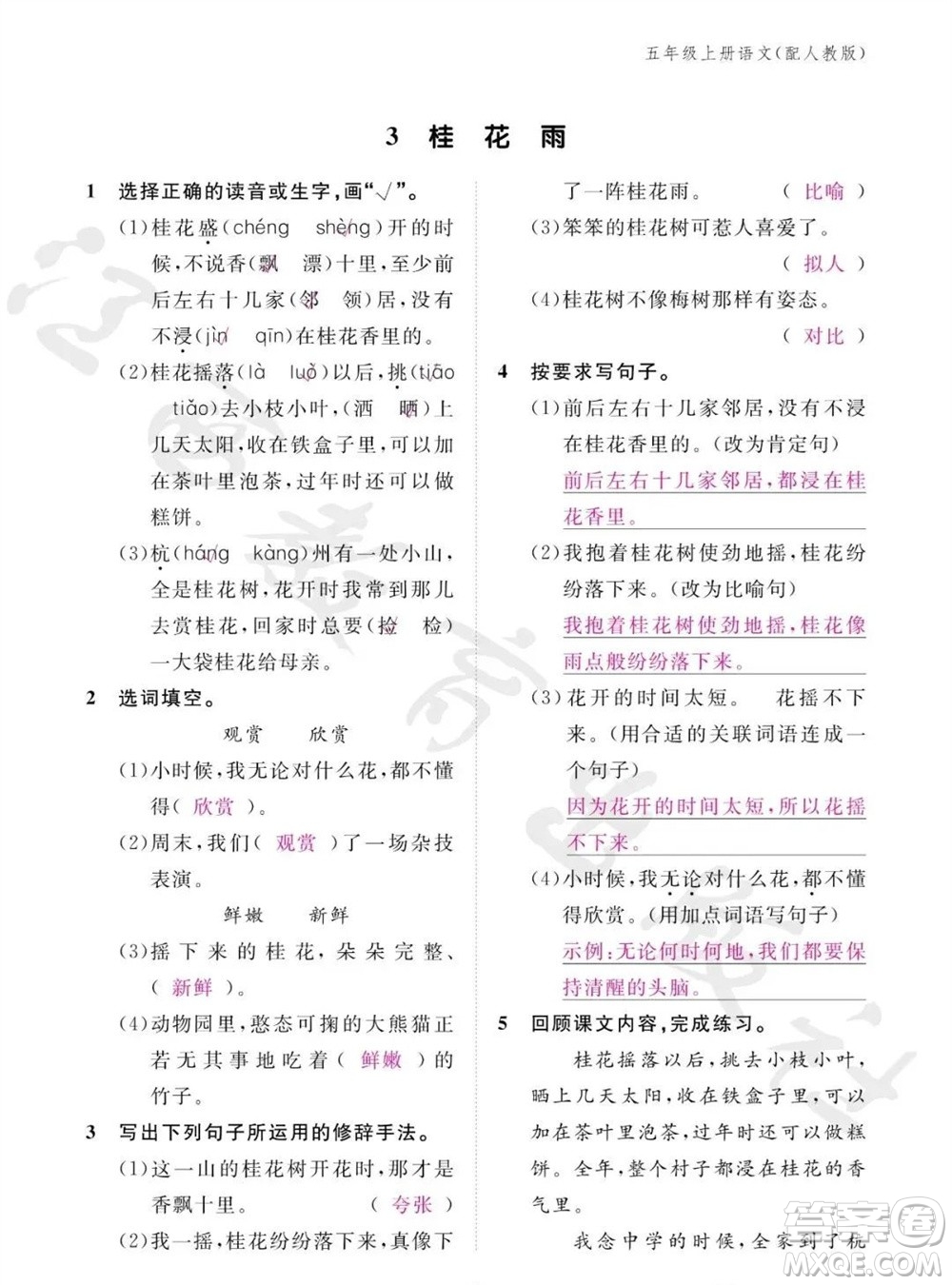 江西教育出版社2023年秋語(yǔ)文作業(yè)本五年級(jí)上冊(cè)人教版參考答案