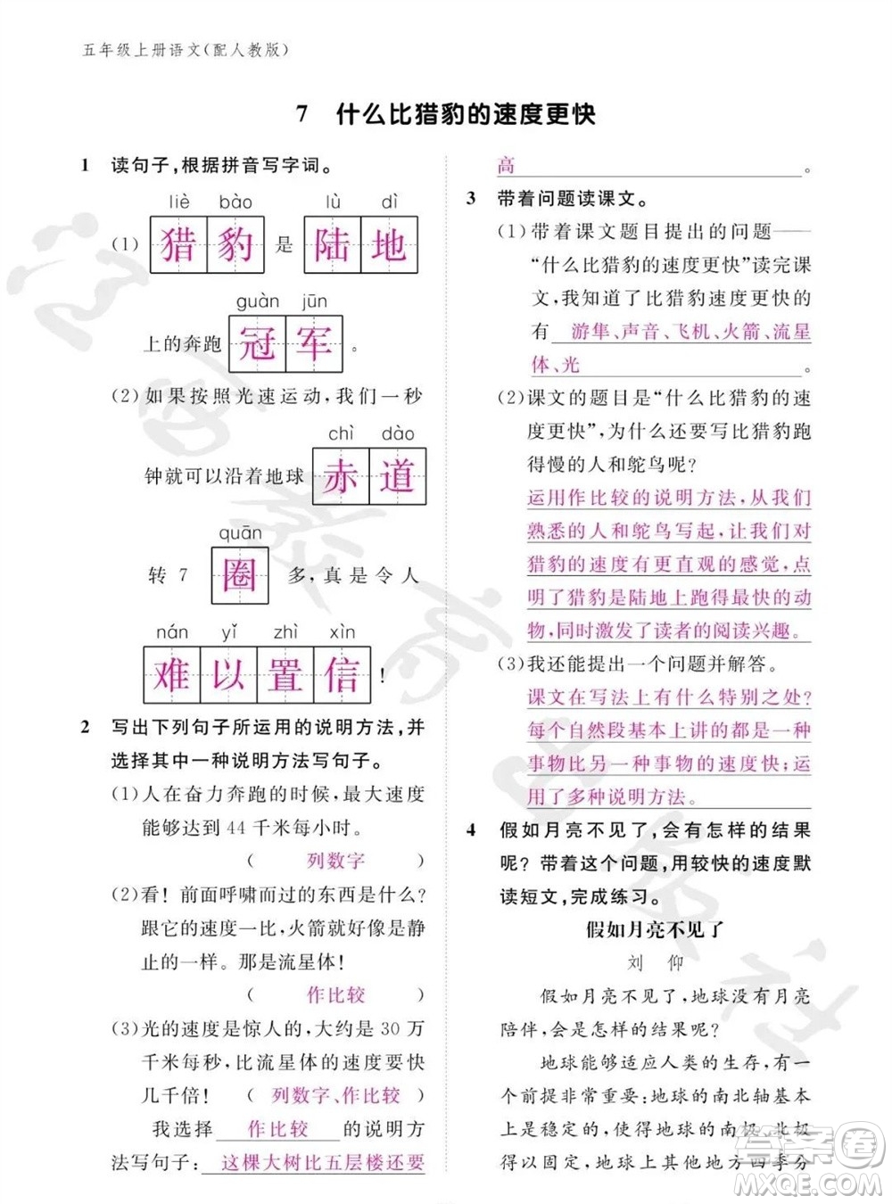 江西教育出版社2023年秋語(yǔ)文作業(yè)本五年級(jí)上冊(cè)人教版參考答案