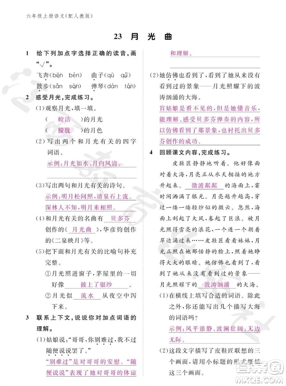 江西教育出版社2023年秋語(yǔ)文作業(yè)本六年級(jí)上冊(cè)人教版參考答案