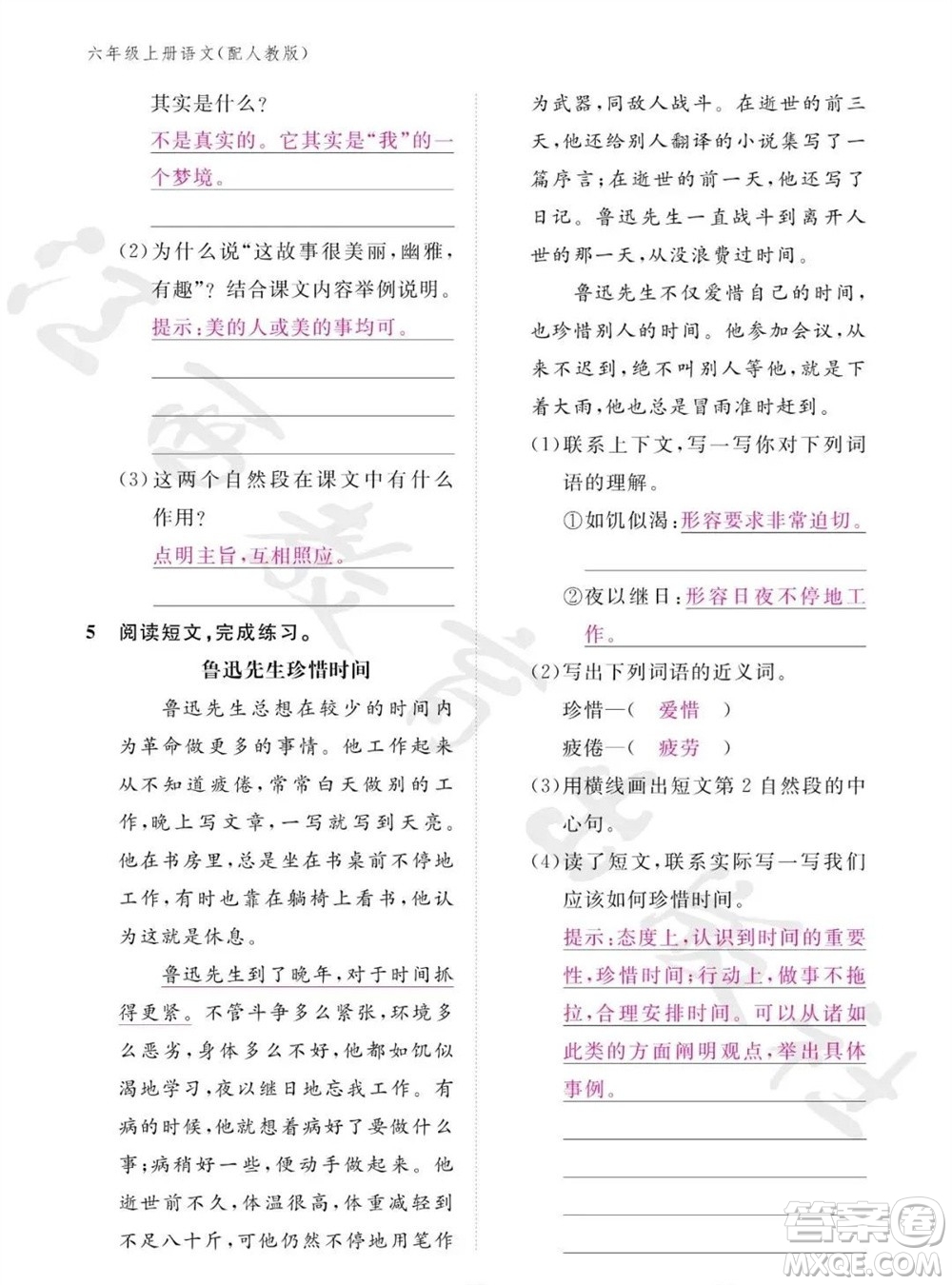 江西教育出版社2023年秋語(yǔ)文作業(yè)本六年級(jí)上冊(cè)人教版參考答案