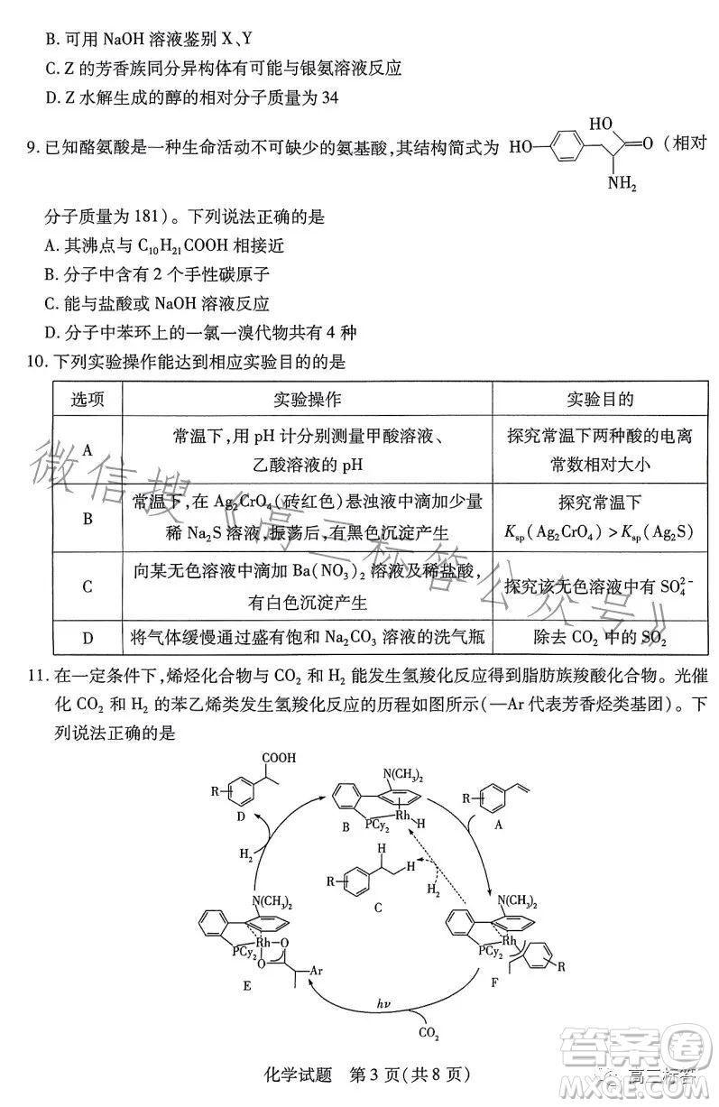 2023-2024學(xué)年高中畢業(yè)班階段性測試一化學(xué)試卷答案