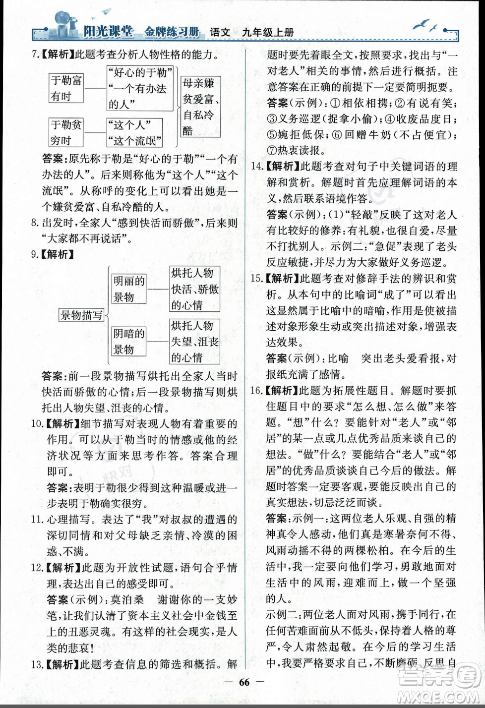 人民教育出版社2023年秋陽光課堂金牌練習(xí)冊九年級語文上冊人教版答案