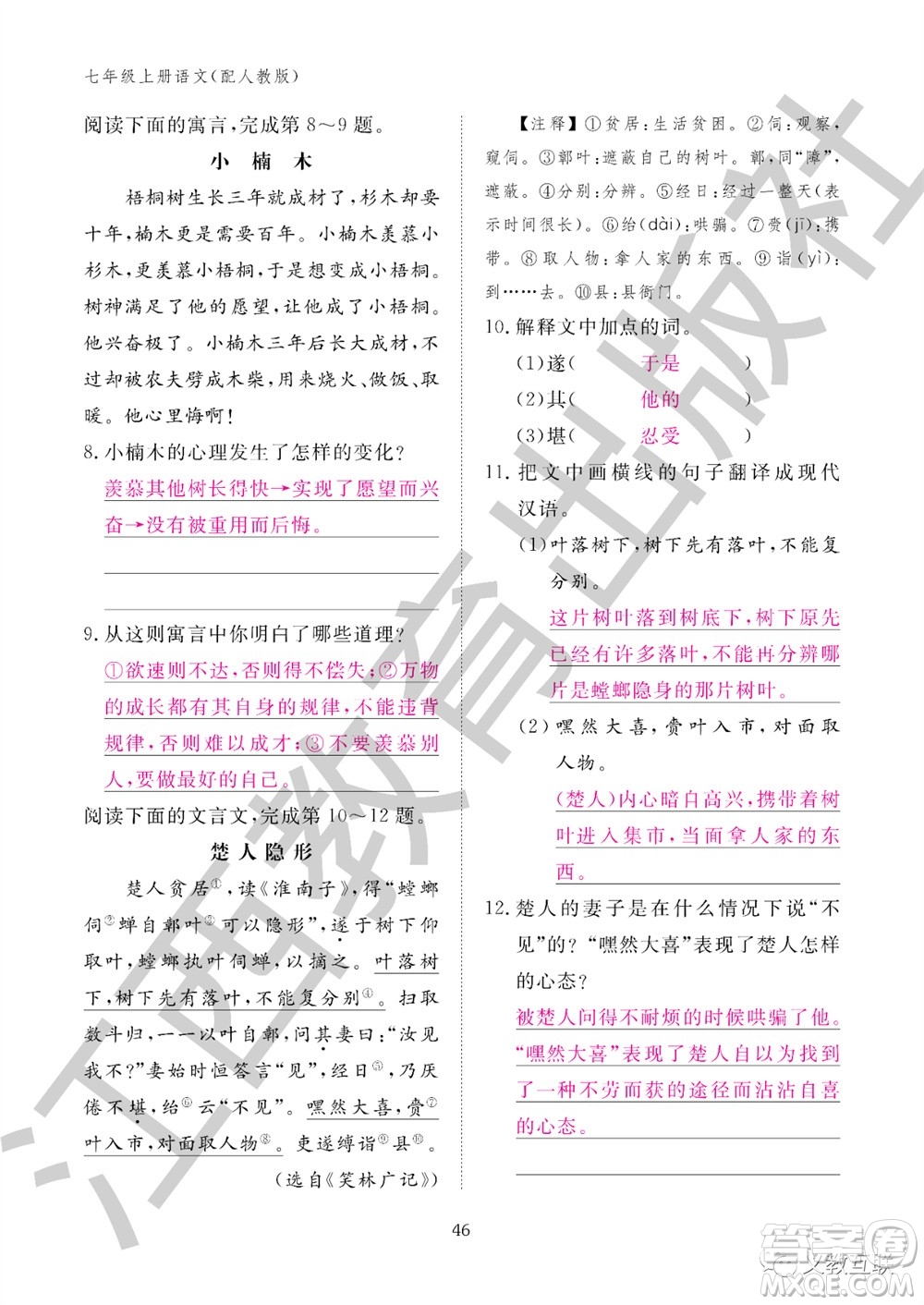 江西教育出版社2023年秋語文作業(yè)本七年級上冊人教版參考答案