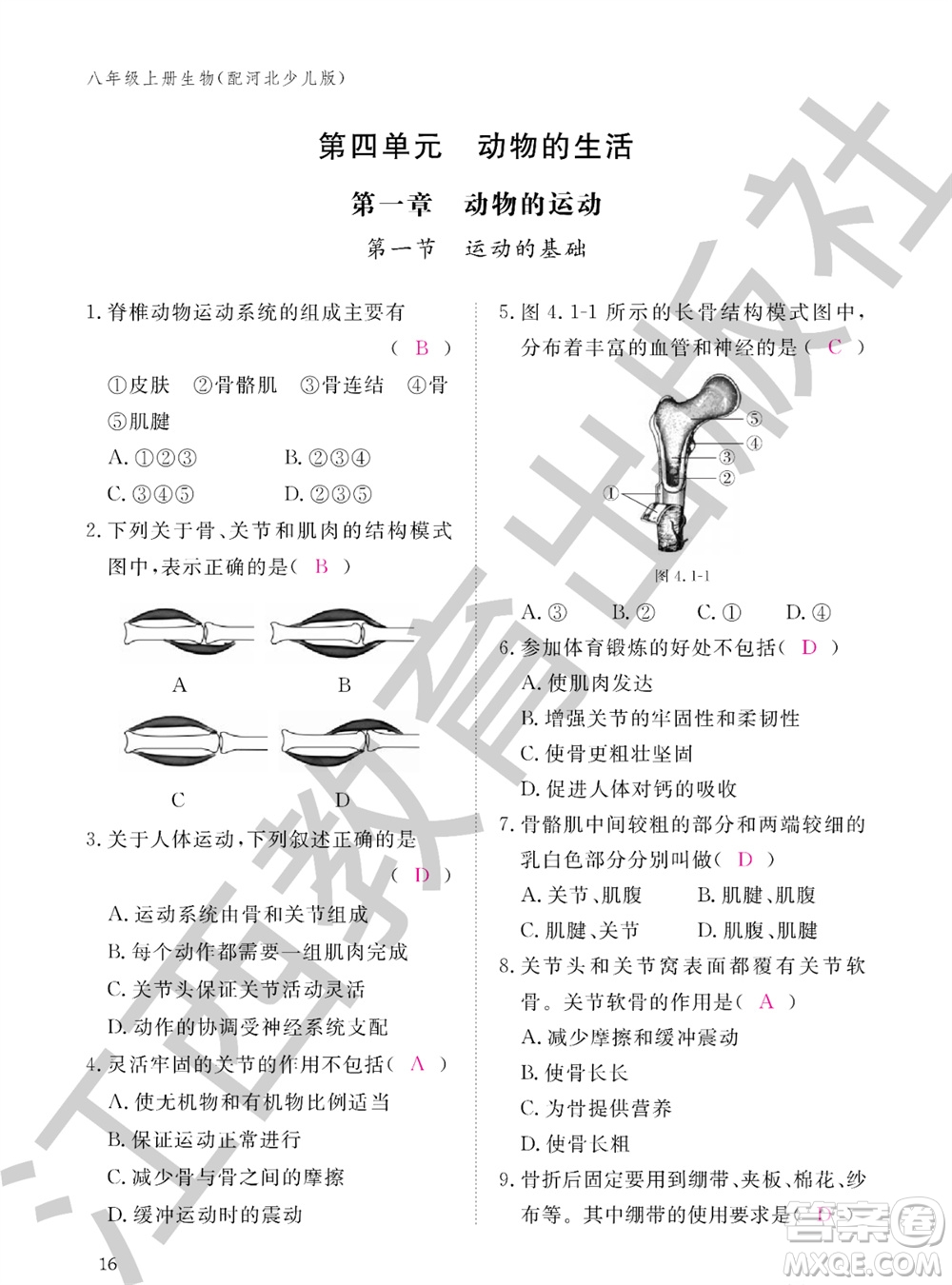 江西教育出版社2023年秋生物作業(yè)本八年級上冊冀少版參考答案