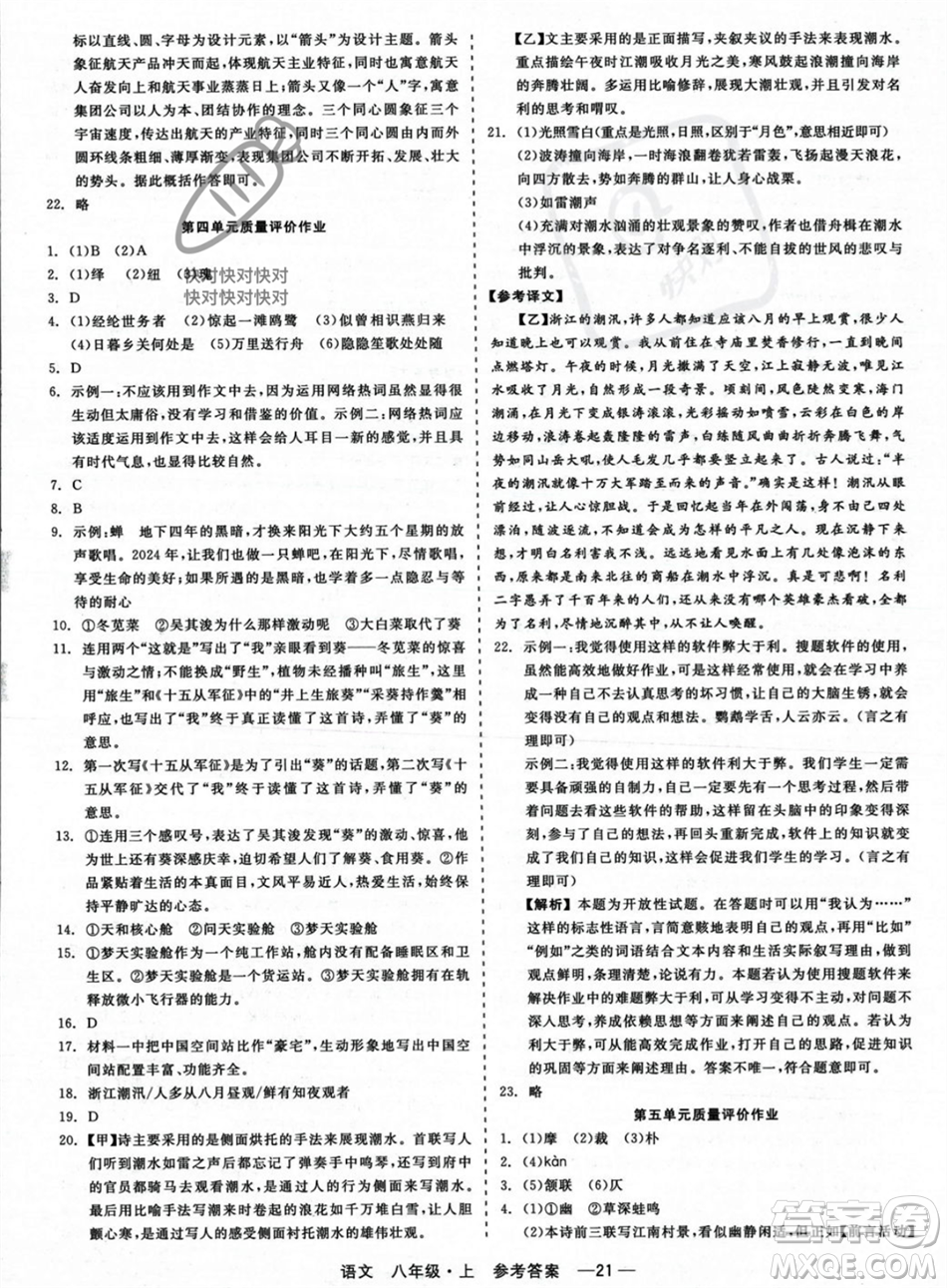 浙江工商大學出版社2023年秋精彩練習就練這一本八年級語文上冊通用版答案