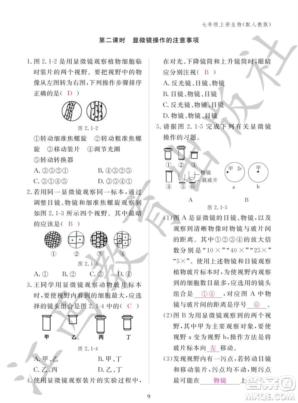 江西教育出版社2023年秋生物作業(yè)本七年級(jí)上冊(cè)人教版參考答案