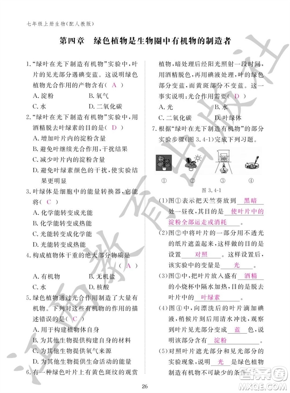 江西教育出版社2023年秋生物作業(yè)本七年級(jí)上冊(cè)人教版參考答案