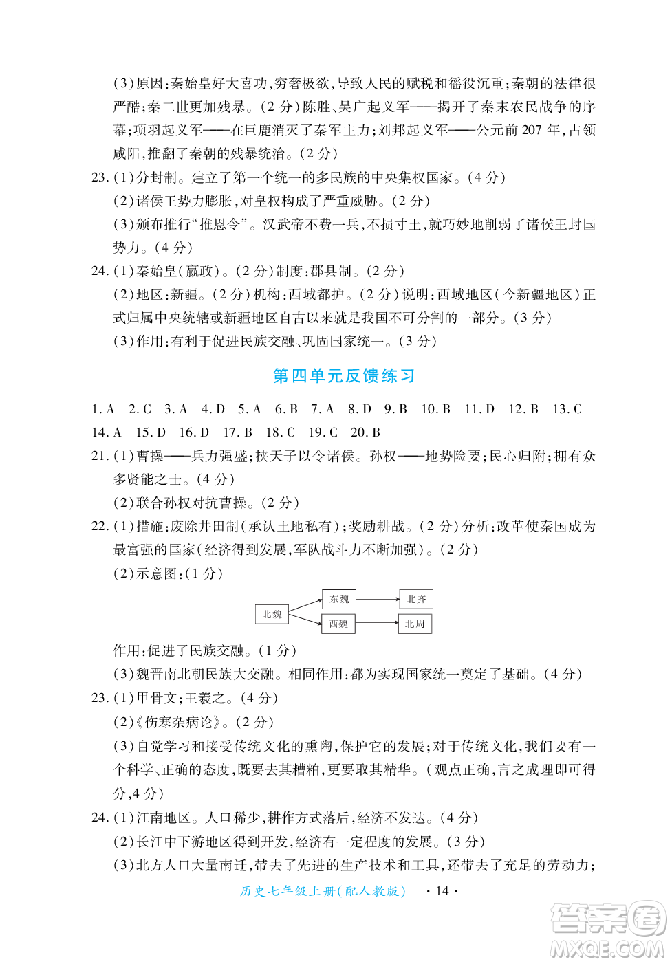 江西人民出版社2023年秋一課一練創(chuàng)新練習七年級歷史上冊人教版答案