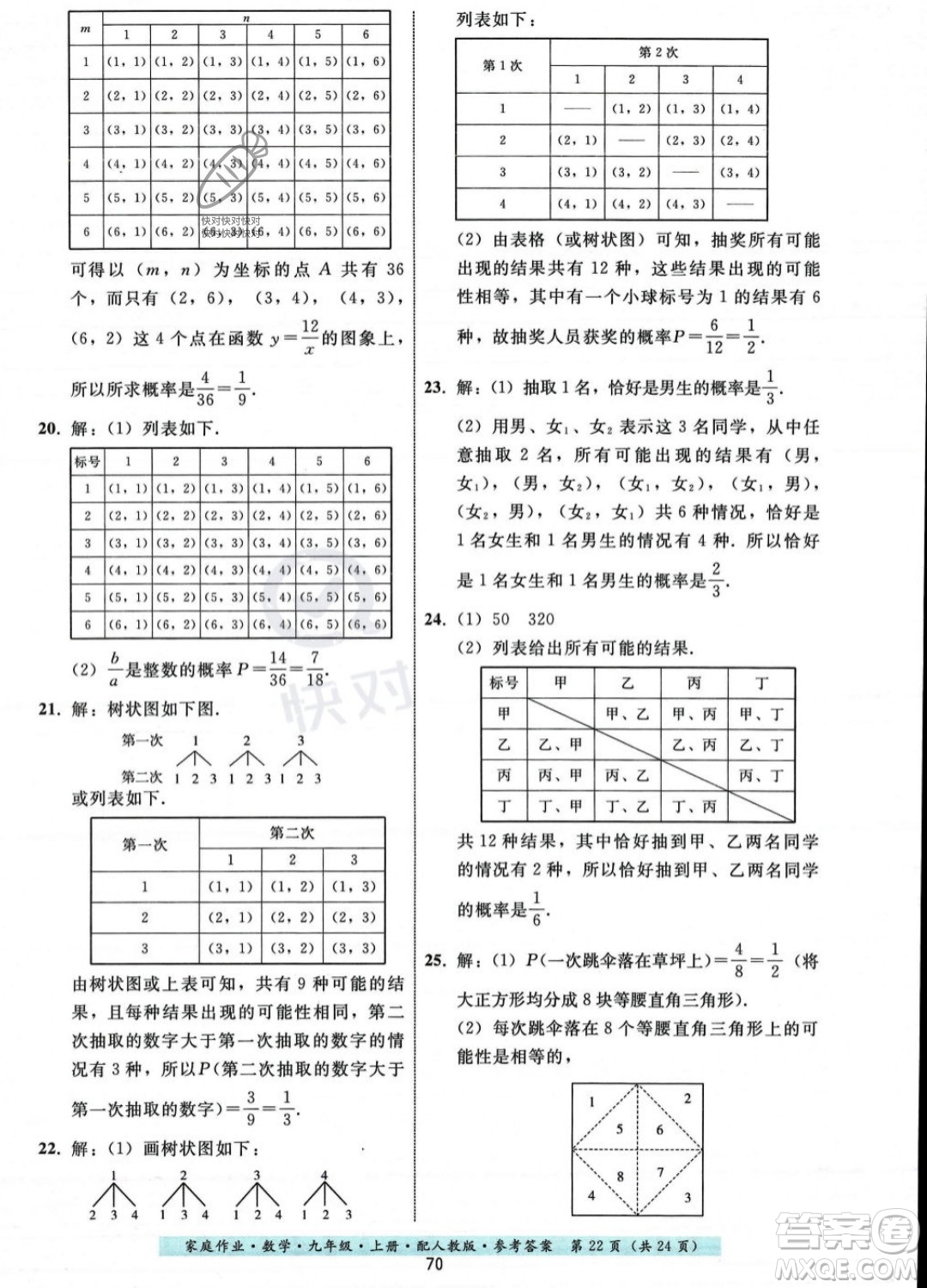 貴州科技出版社2023年秋家庭作業(yè)九年級(jí)數(shù)學(xué)上冊(cè)人教版答案