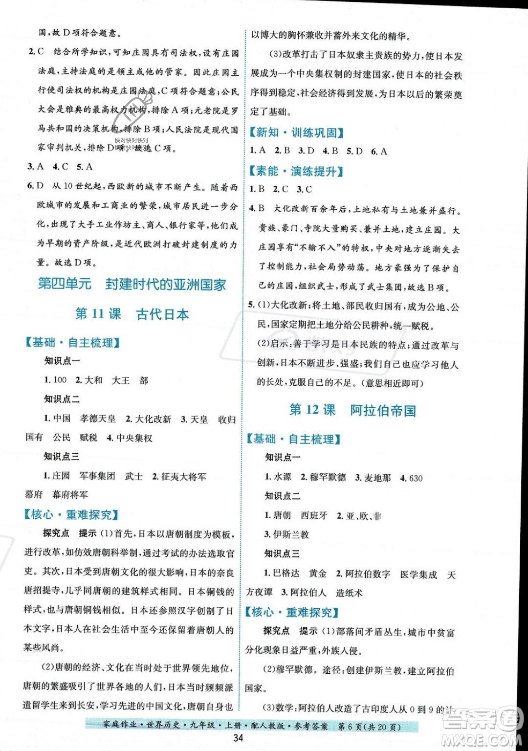 貴州教育出版社2023年秋家庭作業(yè)九年級世界歷史上冊人教版答案