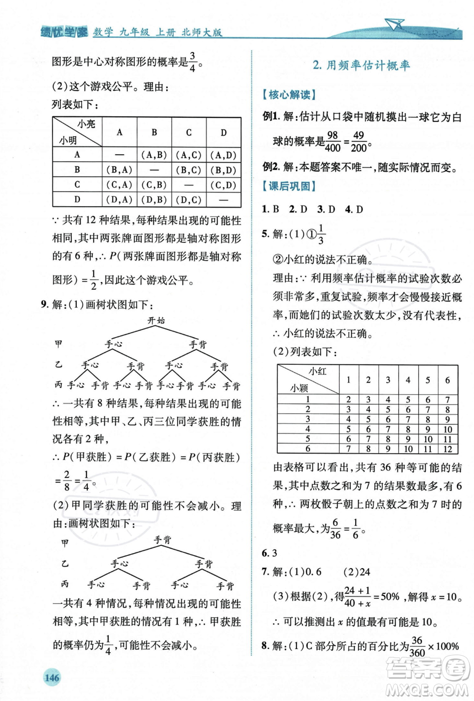 陜西師范大學(xué)出版總社2023年秋績優(yōu)學(xué)案九年級數(shù)學(xué)上冊北師大版答案