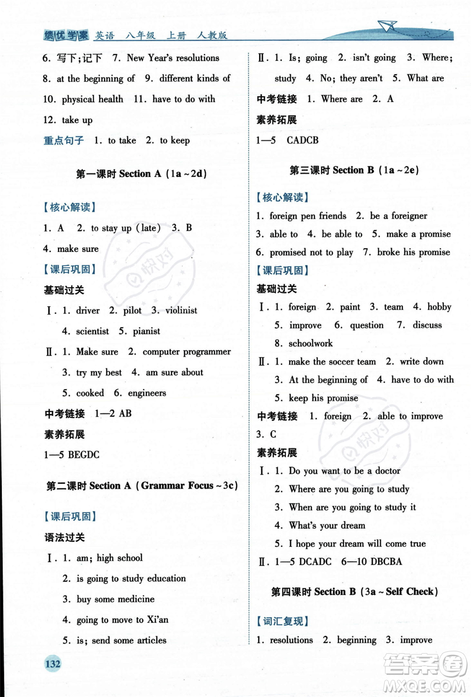 人民教育出版社2023年秋績(jī)優(yōu)學(xué)案八年級(jí)英語上冊(cè)人教版答案