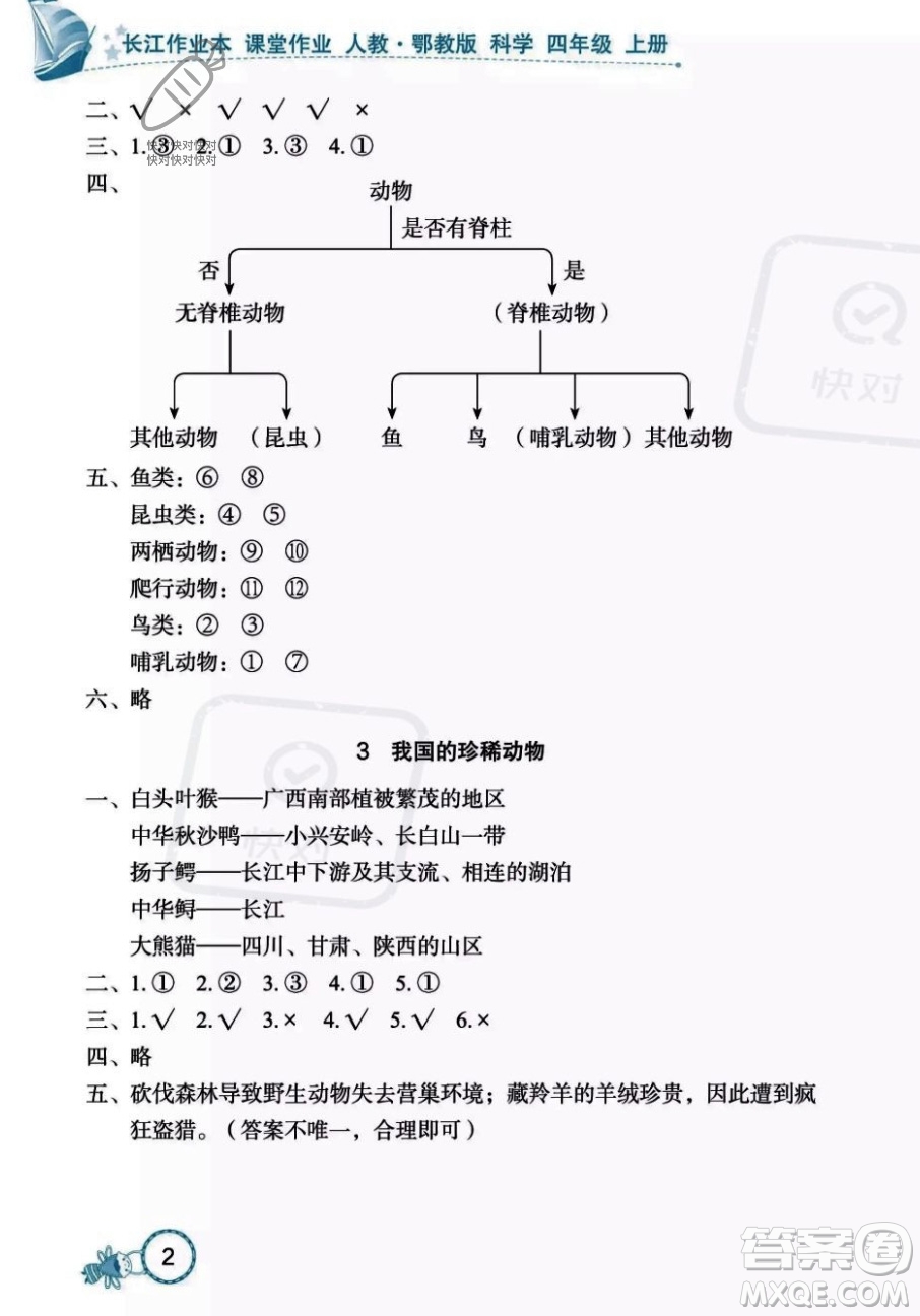 湖北教育出版社2023年秋長(zhǎng)江作業(yè)本課堂作業(yè)四年級(jí)科學(xué)上冊(cè)人教鄂教版答案