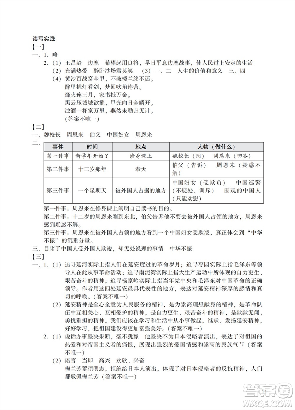 廣州出版社2023年秋陽光學業(yè)評價四年級語文上冊人教版參考答案