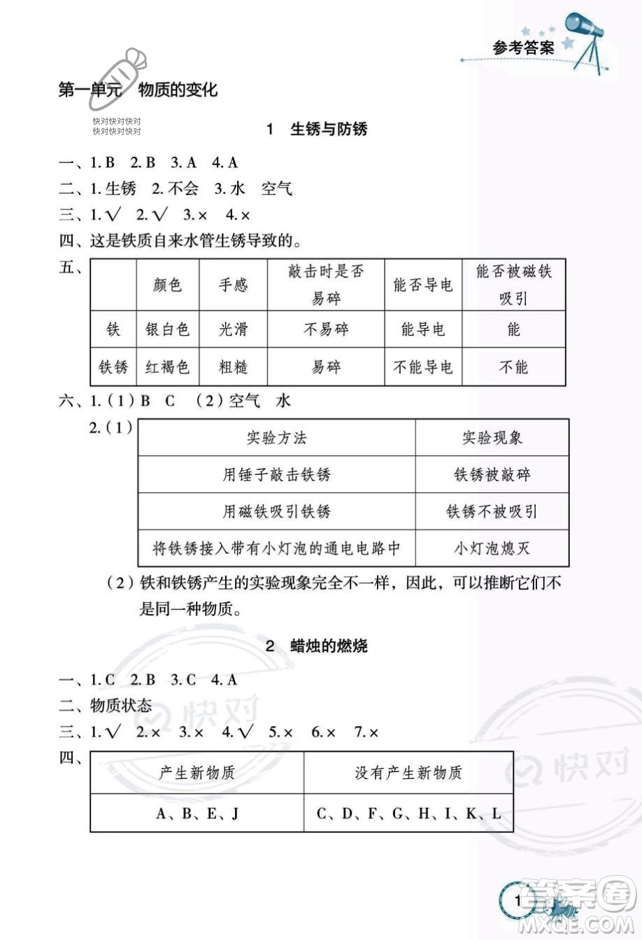 湖北教育出版社2023年秋長(zhǎng)江作業(yè)本課堂作業(yè)六年級(jí)科學(xué)上冊(cè)人教鄂教版答案