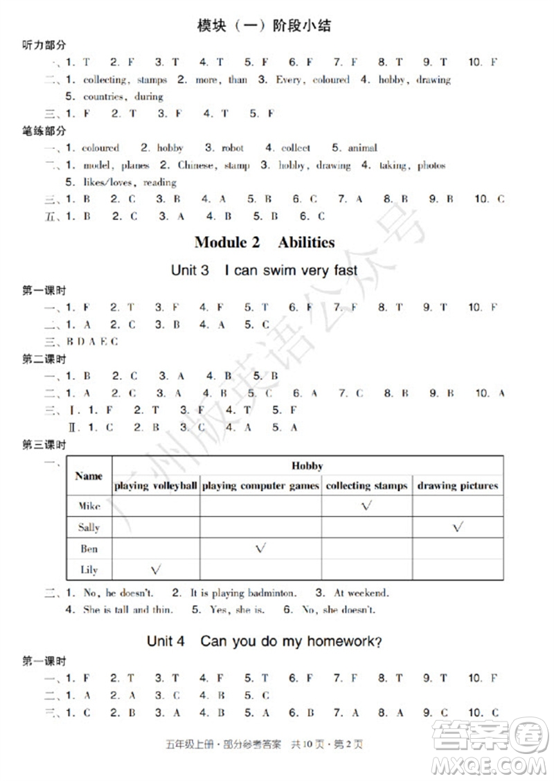 新世紀出版社2023年秋王牌英語小學(xué)英語雙基同步導(dǎo)學(xué)導(dǎo)練五年級上冊廣州版參考答案