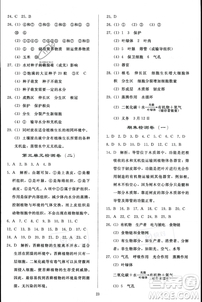 人民教育出版社2023年秋同步輕松練習(xí)七年級(jí)生物學(xué)上冊(cè)人教版答案