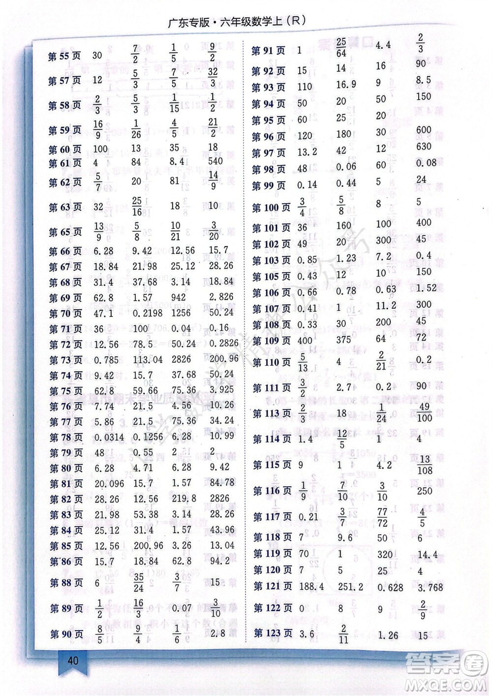 龍門書局2023年秋黃岡小狀元作業(yè)本六年級(jí)數(shù)學(xué)上冊(cè)人教版廣東專版參考答案